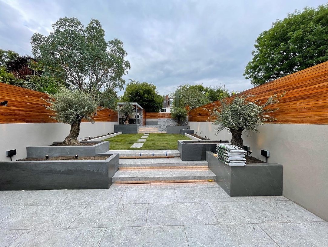 Maida Vale garden tiered paving, planters and lawn
