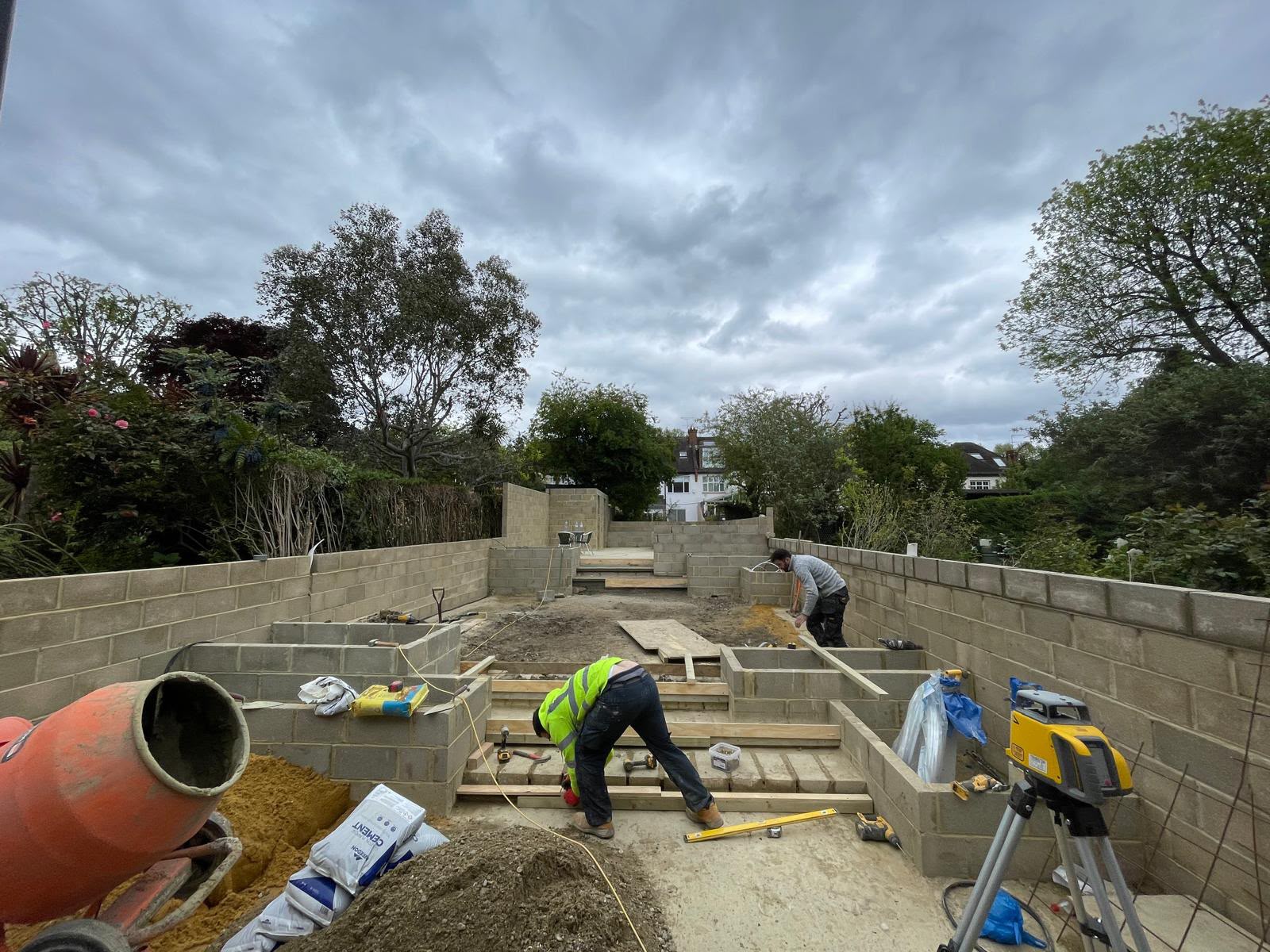 Maida Vale garden under construction, blockwork retaining walls