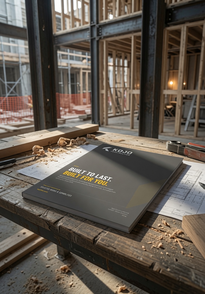 Kojo Construction developer portfolio brochure — Built to Last, Built for You — on a construction site workbench