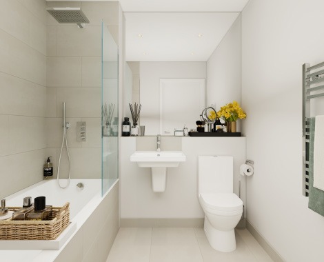 Contemporary fitted bathroom in a Sloane House apartment with a glass shower screen over the bath