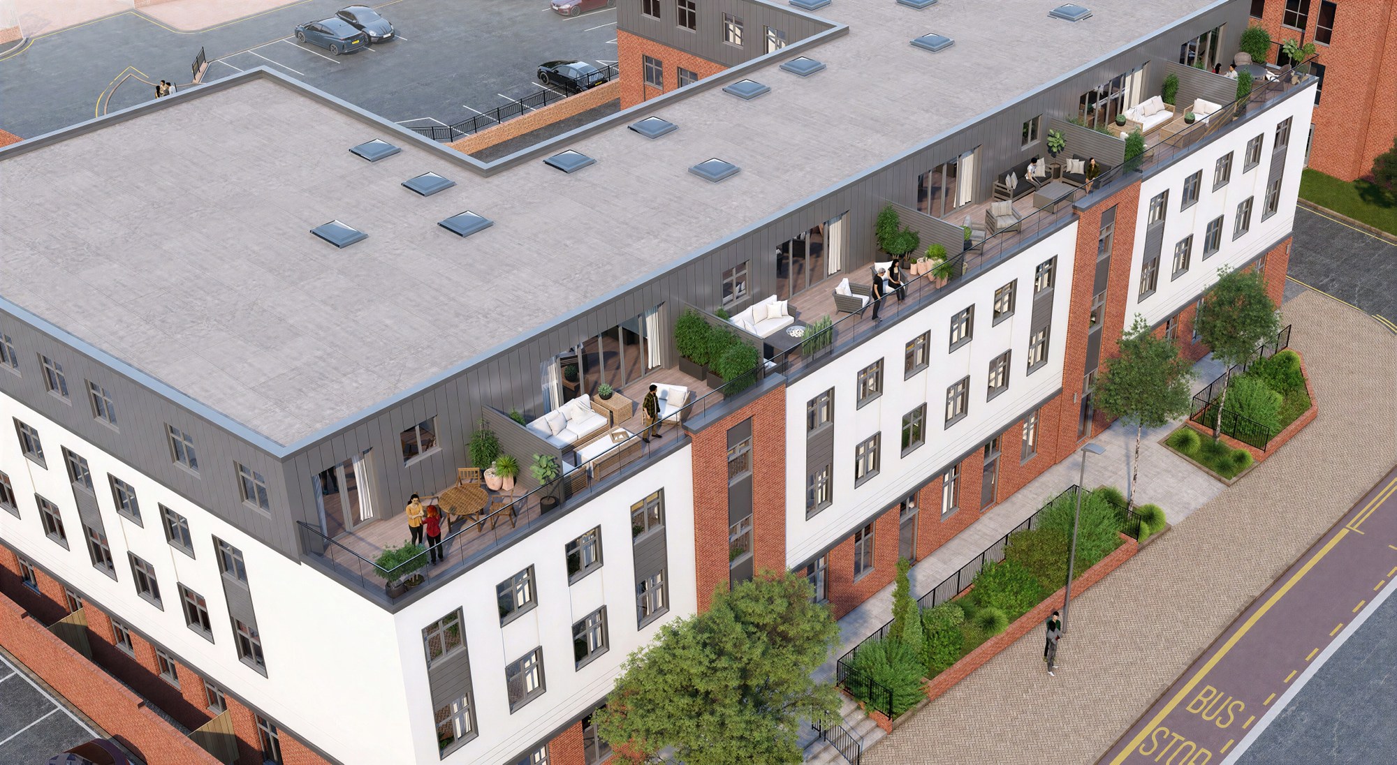 Aerial view of Sloane House showing private rooftop terraces on the third floor of the apartment development
