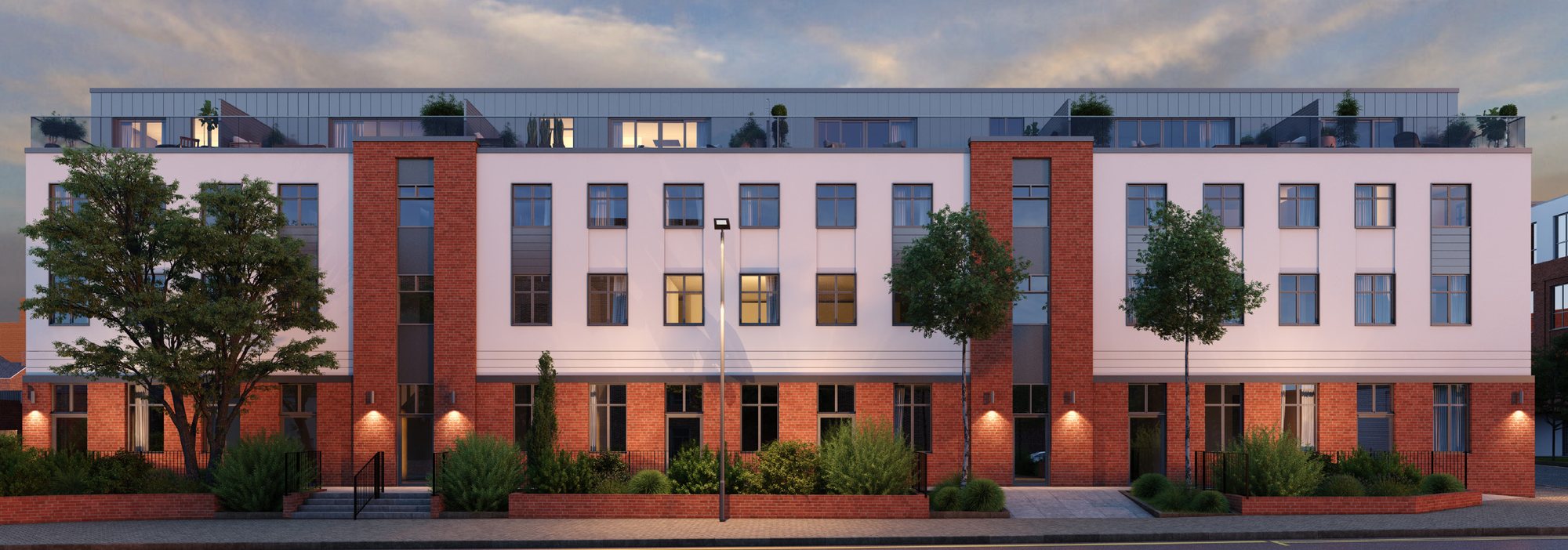Sloane House, Aylesbury, completed development at dusk